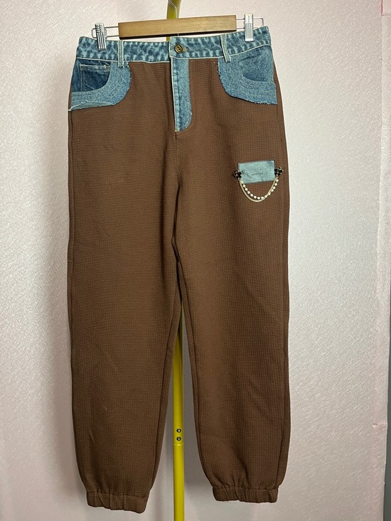 Microwave Pants - Brown Cropped Ankle Pants with Blue Denim Trim
